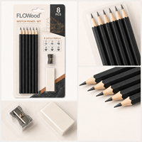 FLOWood – Lot de 8 crayons à dessin multi-dureté en graphite avec gomme et taille-crayon pour artistes, ombrage et dessin technique