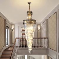 Lustre LED de luxe en fer forgé à hauteur réglable, avec cristaux longs, contrôle sans fil, gris fumé, éclairage contemporain pour hôtel et duplex