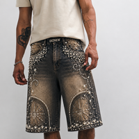 DiZNEW Premium Heavyweight Distressed Jorts Homme, Jean Baggy Artisanal à Motifs Perles et Étoiles, Logo Personnalisé, Streetwear, Fabrication en Usine