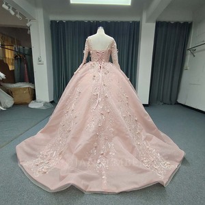 ANY216 Vestido de noche de organza rosa princesa con mangas largas y flores en 3D - Product Image 4