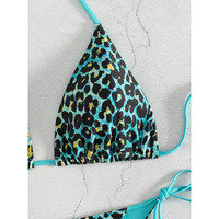 Maillot de bain bikini sexy 2 pièces pour femme, imprimé léopard, col halter, à lacets, style triangle, mode plage été