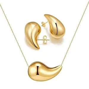 Luxury Brand Statement Pendant Gold Plated Stainless Steel Designer Water Droplet Necklace Earrings Jewelry Set For Women