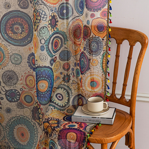 Fenêtre bohème à pompons transparents-Cercles peints à la main 100% polyester, bloquant les UV et filtrant la lumière pour salon/café/chambre à coucher - Product Image 4