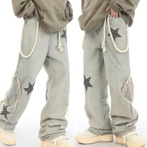 Lace-up Raw Edge Mid Waist <strong>Rockstar</strong> Jeans Men Designer Baggy Jeans Stars Trousers Wholesale Custom Denim OEM Straight Knitted - Product Image 1