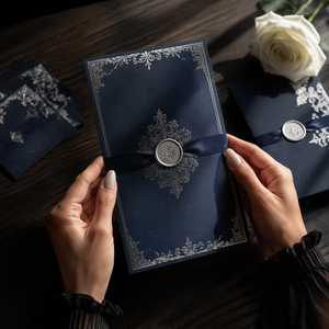 Suite d'invitations de <span class=keywords><strong>mariage</strong></span> personnalisées en carton bleu marine, menu, marque-place, carte de remerciement, impression UV feuille d'argent, soirée formelle de luxe - Product Image 3