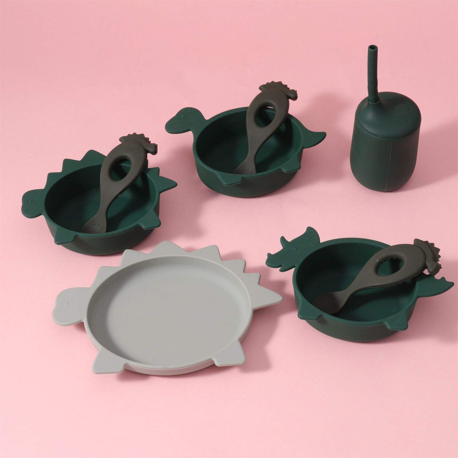 (29)8PCS#Dino Plate Bowl Spoon Cup with Straw