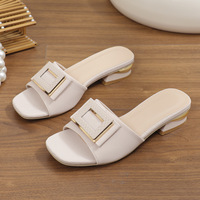 Chaussons d'été élégants et confortables pour femmes, en cuir PU, avec boucle carrée dorée, talon bas