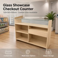 Comptoir d'exposition avec dessus en verre, étagères ouvertes, armoire à grain de bois, tiroirs de rangement, pour magasin de détail, réception, vente en gros