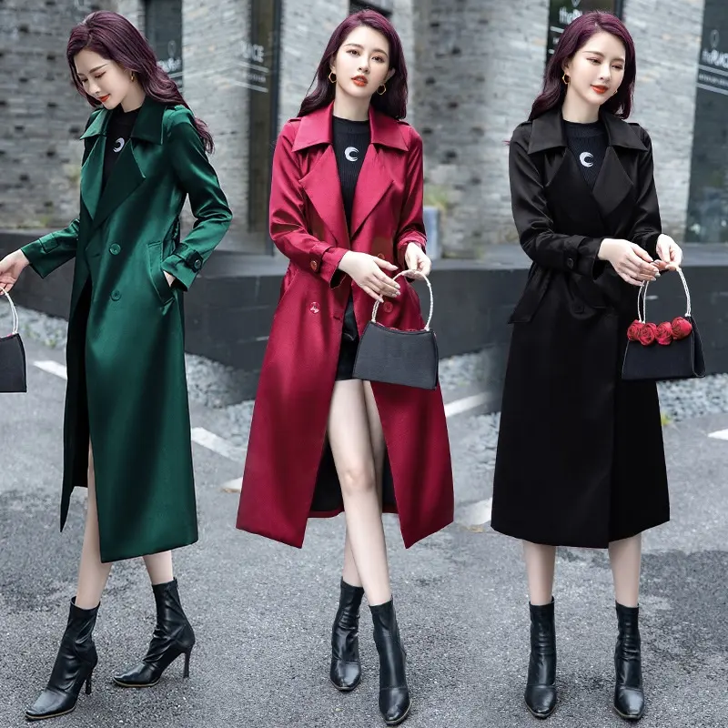 Womens Red Long Satin Jackets Double Breasted Trenchcoat British Clothes Western Outerwear Black Overcoat Trench Coat