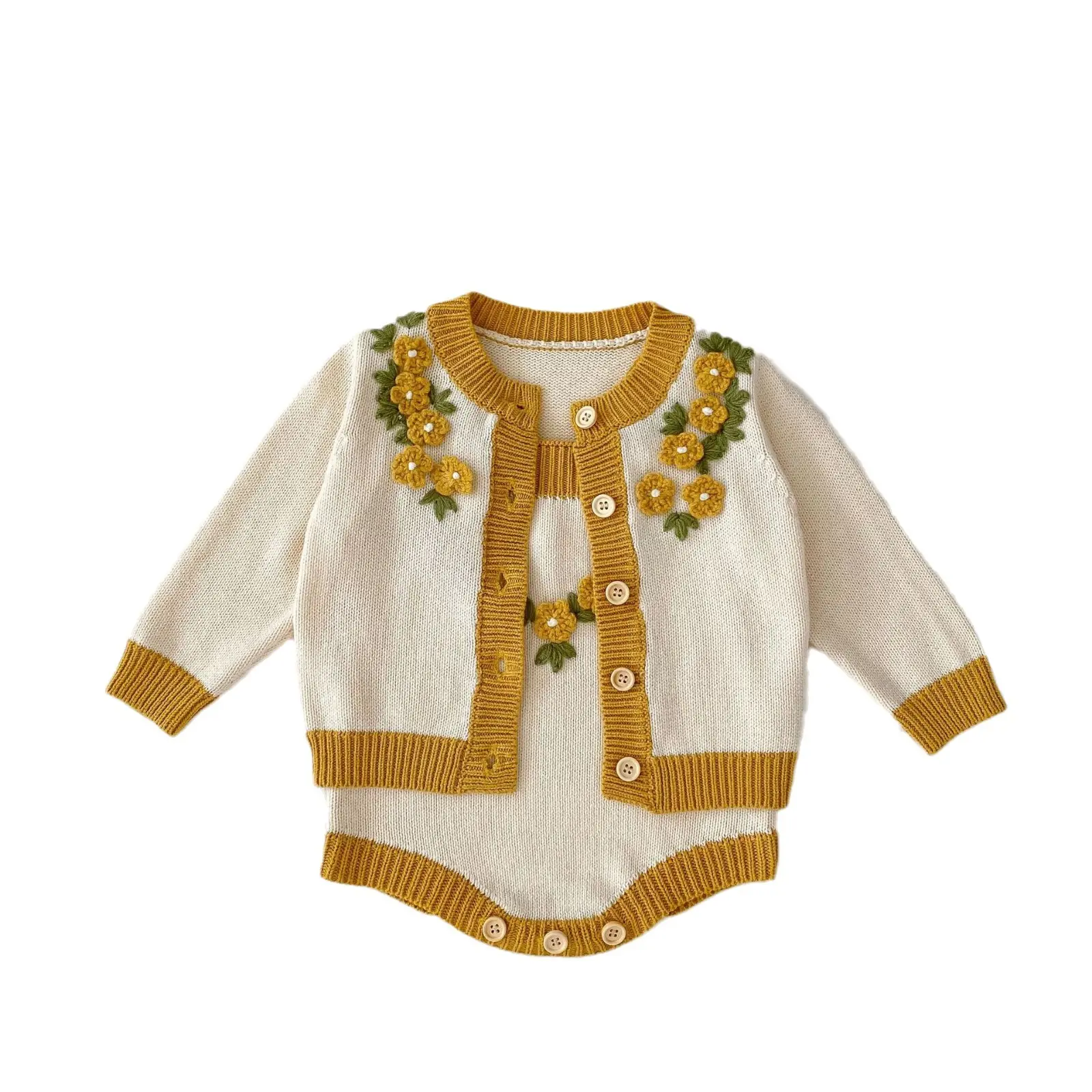 Cappotto tridimensionale lavorato a maglia per bambina + tutina a maglia con cinturino a fiori vestiti per bambina 0-3 mesi