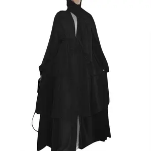 Dubai Thổ Nhĩ Kỳ Arab Oman Áo Kimono Voan Thanh Lịch Cho Phụ Nữ Hồi Giáo Màu Rắn 3 Lớp Quần Áo Hồi Giáo Mở Trang Phục Hồi Giáo Abaya