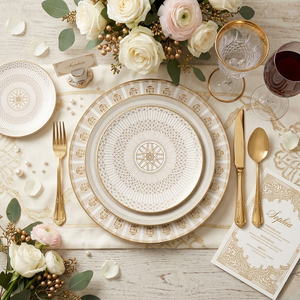 Service <span class=keywords><strong>de</strong></span> <span class=keywords><strong>table</strong></span> en céramique blanc et or <span class=keywords><strong>de</strong></span> luxe, assiettes en porcelaine à bordure géométrique, vaisselle <span class=keywords><strong>Art</strong></span> Déco pour mariage, hôtel, maison, banquet - Product Image 1