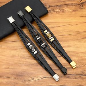 रेट्रो फैशन गोल्ड काले चांदी की प्लेटेड स्टेनलेस स्टील शेर ब्रेसलेट बहुलेयर ब्रेडेड वास्तविक चमड़े के कंगन - Product Image 3