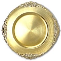 Assiettes de présentation rondes modernes en plastique rose pour décoration de mariage, motif floral, dorées, 13 pouces, 350g, pigmentées, vente en gros, pas cher
