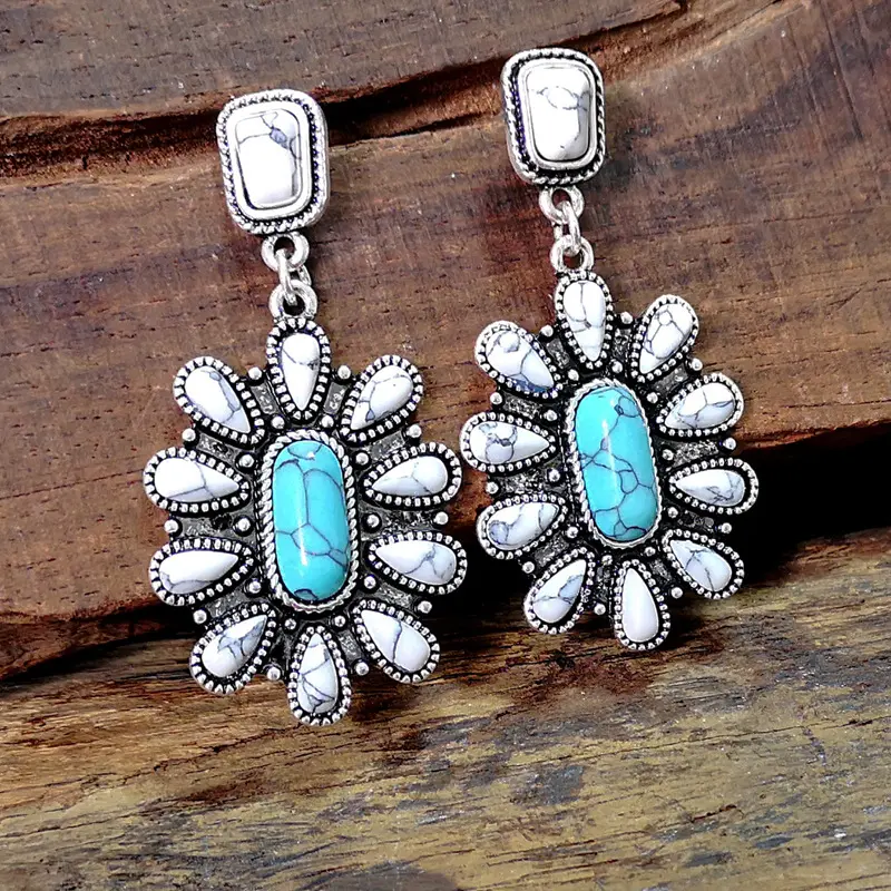 Bohemian Delicate Squash Blossom Western Turquoise Post Dangle Earrings For Women Girls