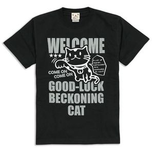 T-shirt da uomo e da donna a maniche corte con stampa Beckoning Cat in cotone nero per abbigliamento casual - Product Image 1
