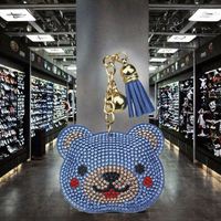 Porte-clés et breloques de sac en cristal strass, motifs ours, chien, fruit, dessin animé, avec pompon, pour sacs à main, décoration, cadeau pour filles, pendentif ours