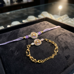 Vintage Gold Plated handmade rakhi pair Bracelet <b>Set</b> With Chain And <b>Beads</b> Women's Jewelry festival men and women rakhi pair - Product Image 3