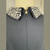 Gaun Mini Hitam Wanita Berhias Kristal Rhinestone Kerah Peter Pan Lengan Pendek Model A-Line untuk Pesta Koktail Malam Hari