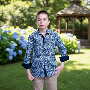 Camisa infantil detallada con cuello de manga interior estampado chal azul - Product Image 3