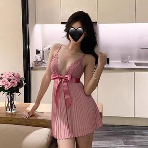 ชุดเดรสลูกไม้จีบระบายเซ็กซี่สำหรับผู้หญิง ชุดชั้นในบริสุทธิ์และเย้ายวนพร้อมโบว์ประณีต - Product Image 1