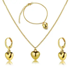 PASUXI Ladies New Trendy Minimalist Style Gold Plated Dainty Plain Heart Shape Dangle Earring Necklace Sets Statement Jewelry