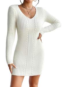 Vestido Curto Elegante OEM de Malha Canelada com Manga Longa e Decote V - Product Image 3