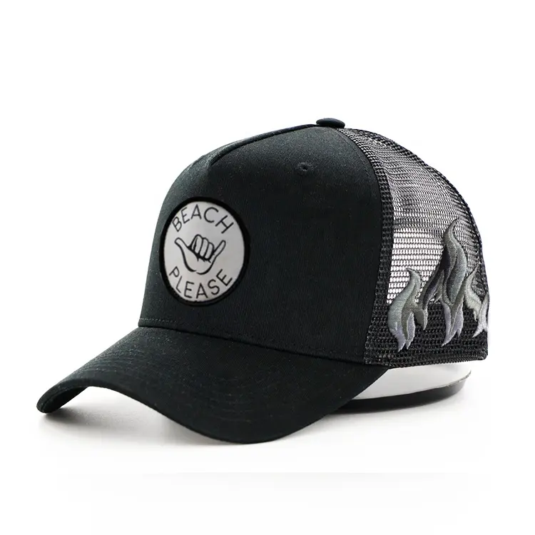 Custom outdoor flame embroidered logo black baseball sport truck cap