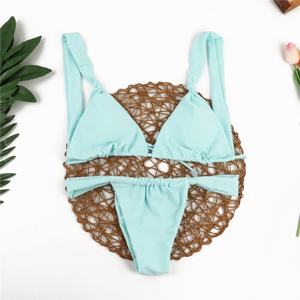 Bikini de mujer de dos piezas con tirantes dobles, top halter triangular, tanga con lazo lateral personalizado, secado rápido, sujetador push-up y tanga en V, ropa de playa - Product Image 3