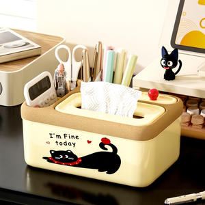 Caja de pañuelos de plástico con diseño de gato, organizador rojo y crema para almacenamiento en el escritorio - Product Image 1