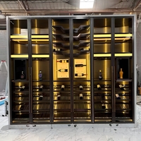 Meuble bar autoportant en chêne avec miroir et éclairage LED, finition or rose, pour présentation de vins et spiritueux, personnalisable