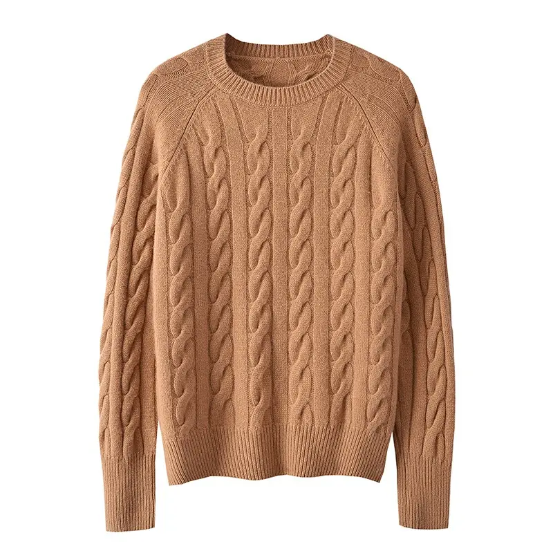 Ready to Ship Winter Knitted Cable Pullovers Crew Neck Cashmere Wool Sweater Tops For Women