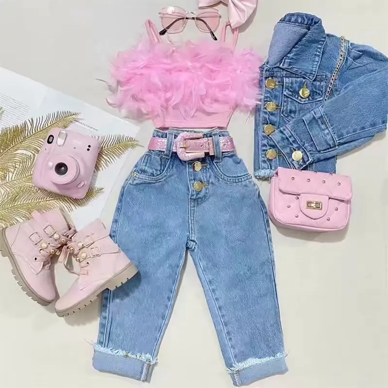 2024 Zomer Herfst Kleding Set Baby Meisjes Halter T Shirt Denim Broek 2 Stuks Outfit Mode Meisjes Hot Sell Kleding