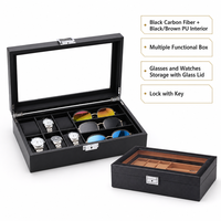 Boîte de rangement et de présentation haut de gamme en fibre de carbone noire pour 6 montres et 3 paires de lunettes, avec intérieur en cuir PU