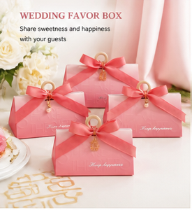 Custom <b>Pink</b> Paper <b>Gift</b> <b>Box</b> with Wooden Ring Handle Satin Ribbon Bow Foldable Packaging for Candy and Wedding Favor Wholesale - Product Image 3