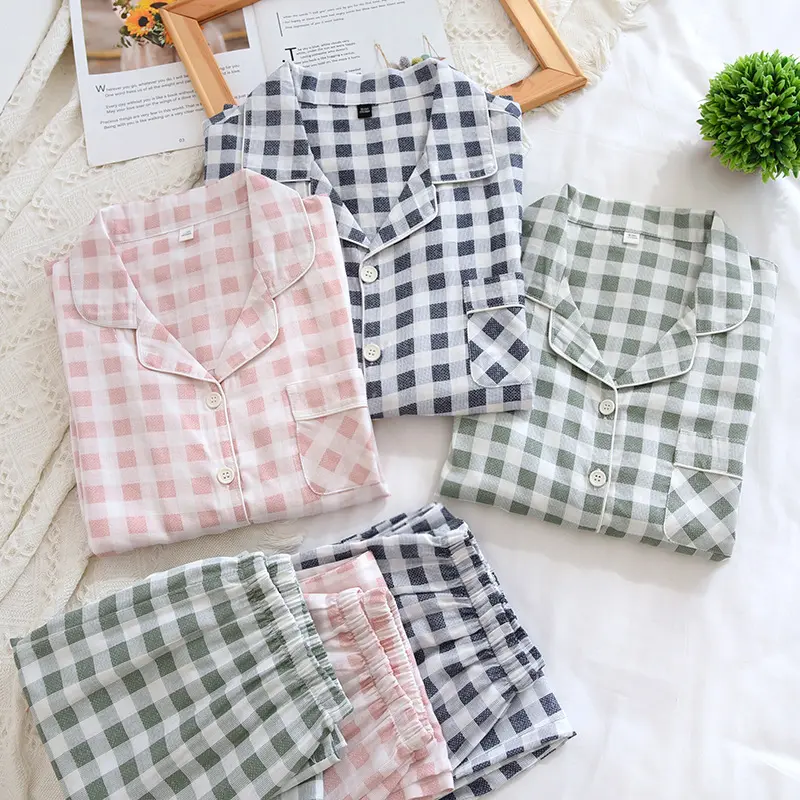 Set Baju Tidur Katun Wanita, Pakaian Rumah Lengan Panjang 2 Potong untuk Perempuan, Musim Gugur