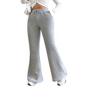 Women High Waist Flared Leg Sweatpants Solid Gray Cotton Spandex Drawstring Side Pockets Full Length Autumn Casual Pants - Product Image 1