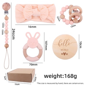 Set regalo di cartone animato per bambini fascia in cotone Silicone legno perline ciuccio catena pietre miliari coniglio dentiere anello Set - Product Image 6