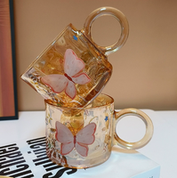 Ensemble de 2 tasses à café en verre à motif papillon de 300 ml avec anse surdimensionnée, tasse à thé pour la maison, le bureau, le café, cadeau