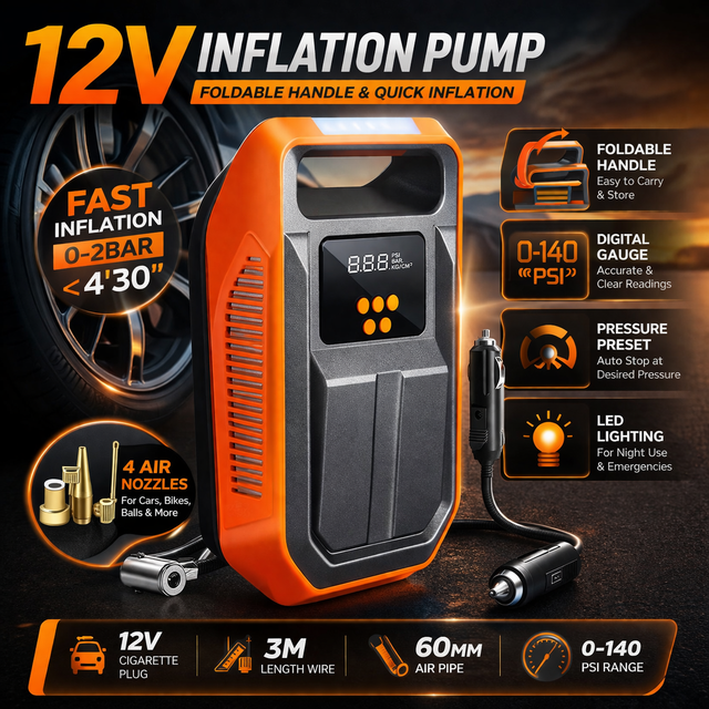 12V Portable Tire Inflator with Digital Pressure Gauge, Fast Air Compressor Pump, Foldable Handle, Auto Preset, LED Light,