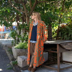 Long Eco-Friendly Floral Embroidered Printed <b>Quilted</b> <b>Jacket</b> Orange <b>Pattern</b> Full Sleeve Women's Autumn Wear Woven Polyester - Product Image 1