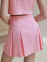 Jupe mini plissée taille haute en tweed rose pour femme avec détail bouton doré perlé, jupe évasée élégante coupe trapèze pour tenues de bureau et de soirée