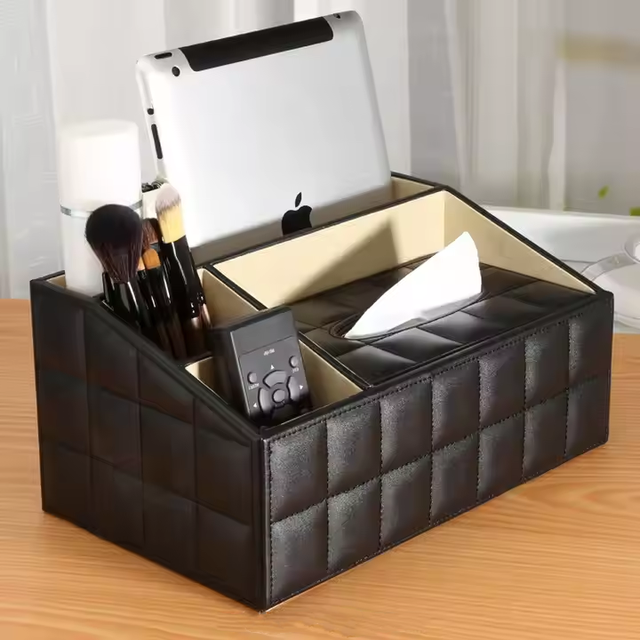 PU Leather Remote Control Holder for Organizing Tissue Boxes Desktop Storage for Miscellaneous Items & Makeup Brushes