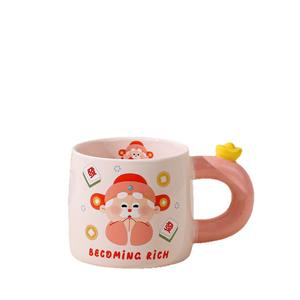 Zuo Mu <b>Ceramic</b> <b>Mug</b> Pink With Handle Hand Painted God Of Wealth Design For Gift Winter 2025 - Product Image 1