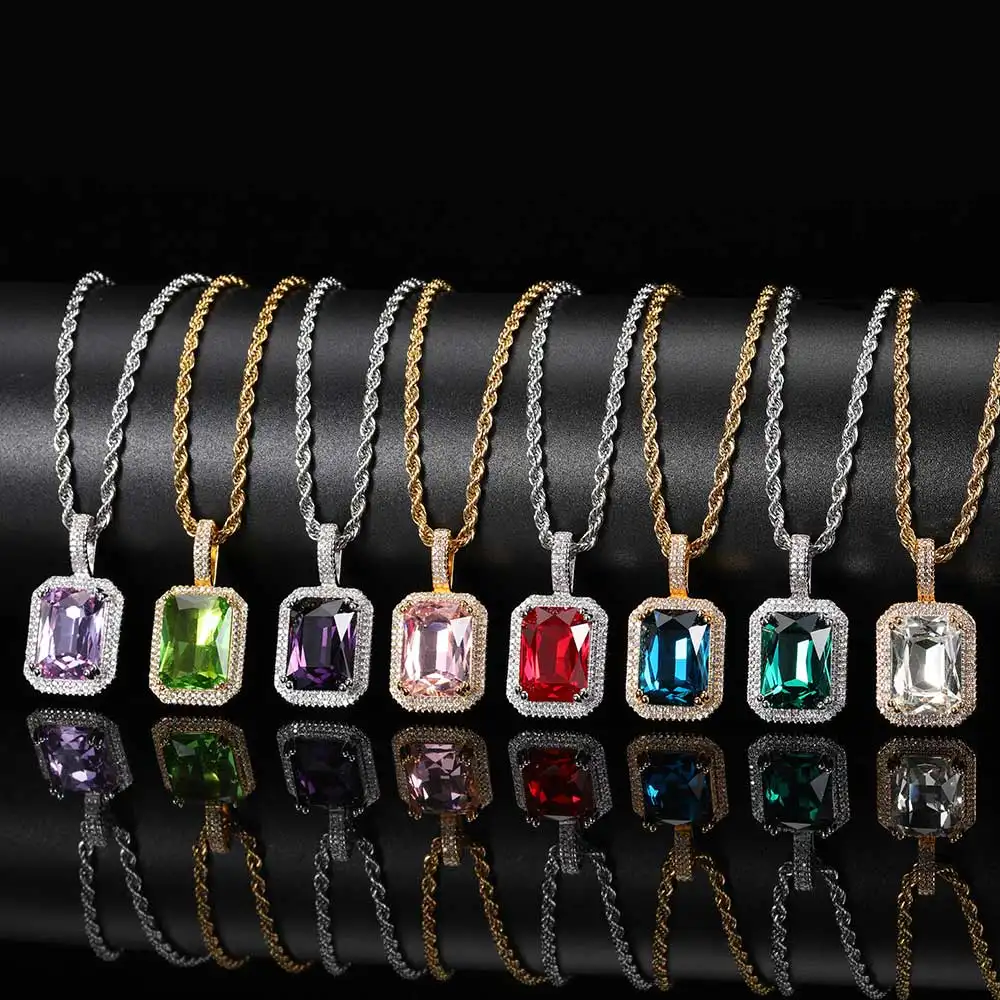 2023 Hiphop Fashion Jewelry Custom Logo Necklace Pendants Copper Square Pendant Inlay CZ Colored Gemstone Pendant Necklace