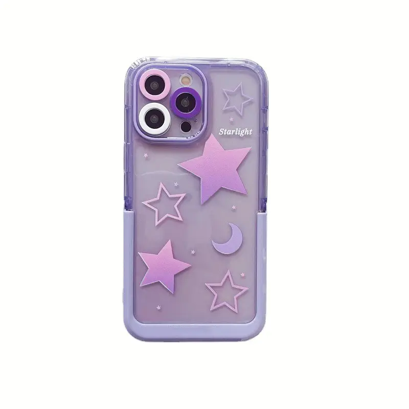 Invisible Stand Holder Starlight Phone Case For iPhone 13 14 Pink Stars Moon Full Lens Protection For iPhone 11 12 Promax 14Plus