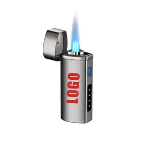Nouveau bouton lumineux d'affichage de puissance Briquet en métal à feu direct à trois feux avec diamant de cigare et flamme bleue