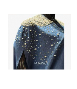 Ensemble cape en jean orné de perles avec cape superposée élégante et ensemble intérieur assorti, séchage rapide, coupe-vent, qualité supérieure pour l'été - Product Image 1