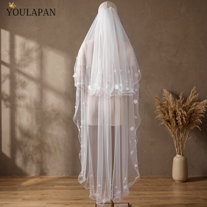 YouLaPan V217 Elegant Bridal <strong>Veil</strong> Double <strong>Blush</strong> With Comb Scattered Beads 3D Flowers Lady Party Dance Matching Headdress - Product Image 1