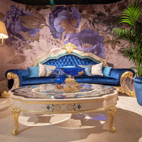 Ensemble de canapés royaux en velours bleu haut de gamme, style classique sculpté, mobilier de salon de luxe européen français pour villa